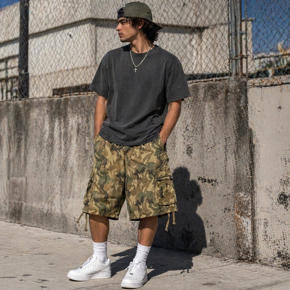 XRAY Mens Jeans Camo Cargo Shorts Sz 36 Utility Military Paratrooper Streetwear